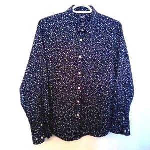 CHAPS Ralph Lauren Women's Dark Blue With Floral Cotton Button Up Shirt Size L